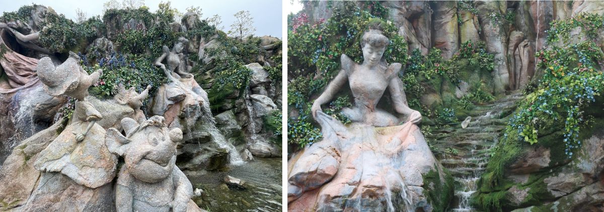 右はドレス姿に変身したシンデレラをネズミたちが見ているところ。左は12時の鐘が鳴り、お城から出ていくシンデレラ