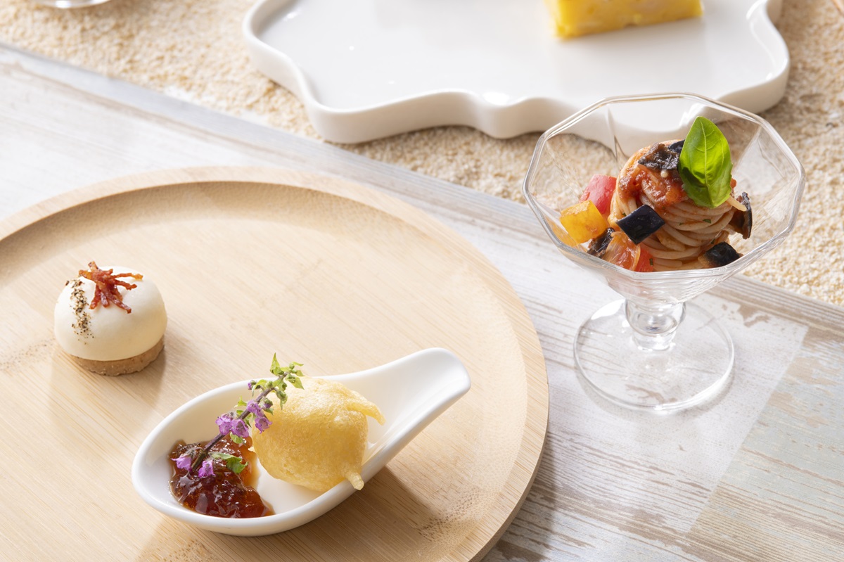 「カルボナーラブランマンジェ」「イカのフリット　ポン酢ジュレ添え」「ナスのカポナータの冷製カッペリーニ」