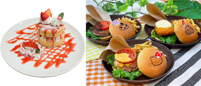 左から「ハローキティ ストロベリー スフレパンケーキ」1300円、「ハンバーガープレート」各1300円