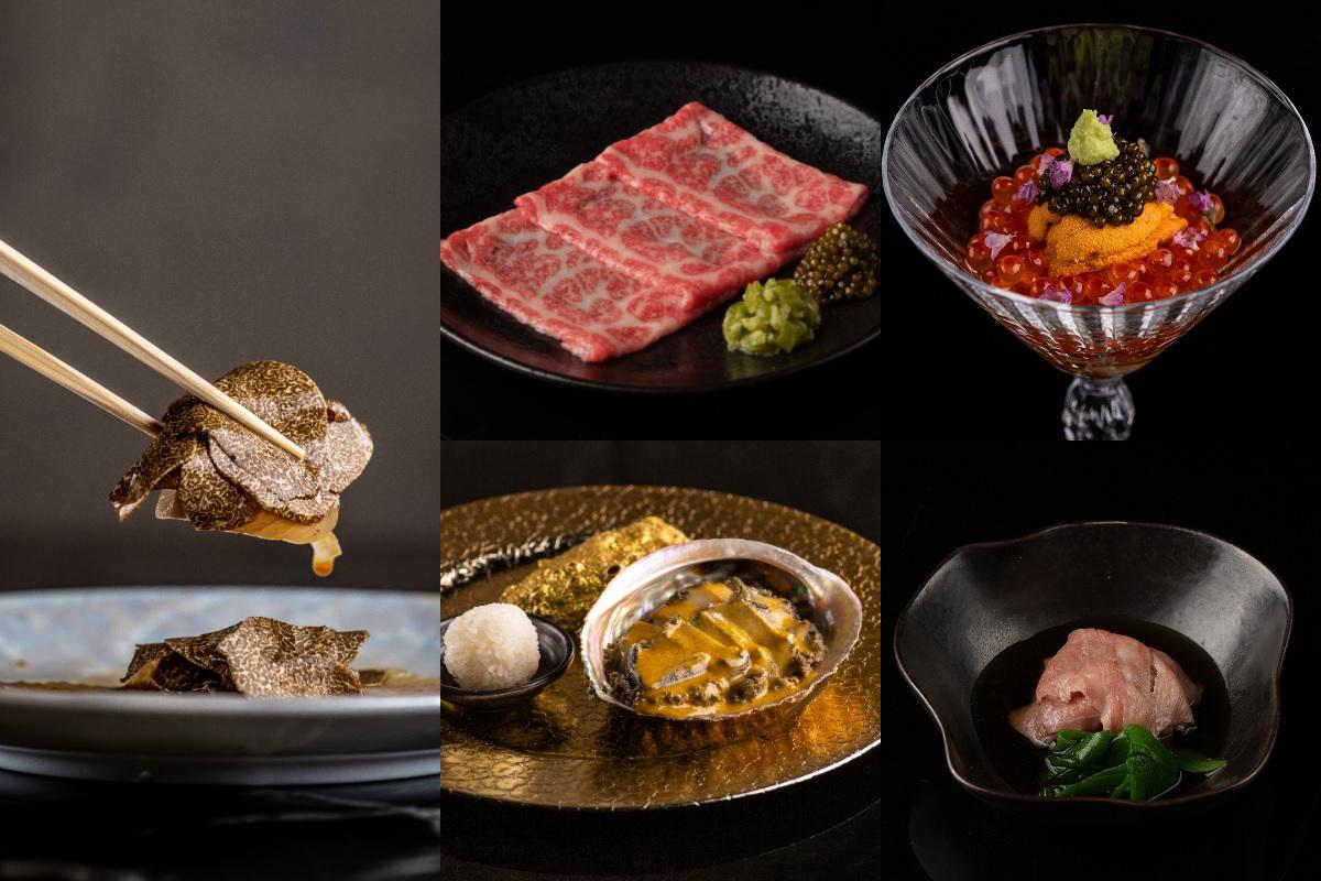 「TAKAHISA」コース＜前菜＞一例：「白身トリュフ」「神戸牛しゃぶしゃぶポン酢ソース」「神戸牛カルパッチョ キャビア添え」「蒸しアワビの肝ソースがけ」「毛ガニのジュレ」