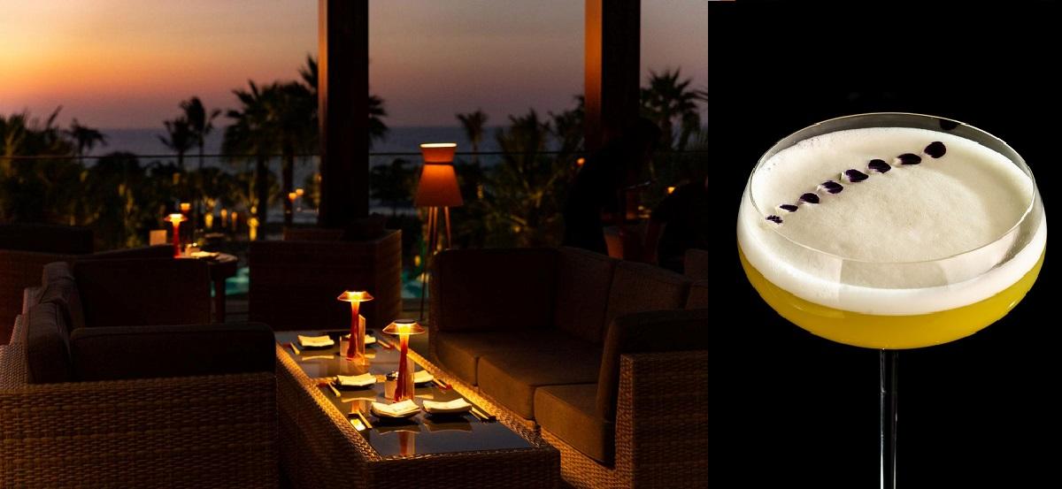 夕日に染まるテラス席、カクテル「砂漠の忍者」95AED