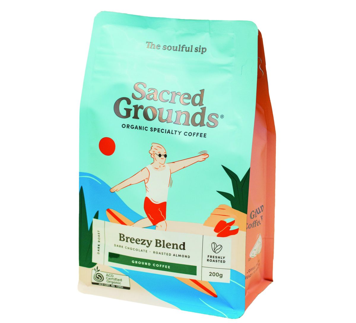 Sacred GroundsのブリージーブレンドA$12.00。ダークチョコレートとローストアーモンドの風味が豊か