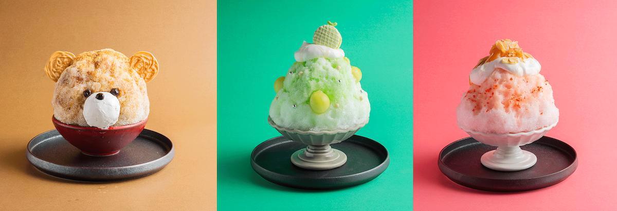 左から「WA!!くまのかき氷」紅茶付き 1980円、「贅沢メロンのかき氷」紅茶付き2200円、「ピーチメルバな桃のかき氷」紅茶付き2200円