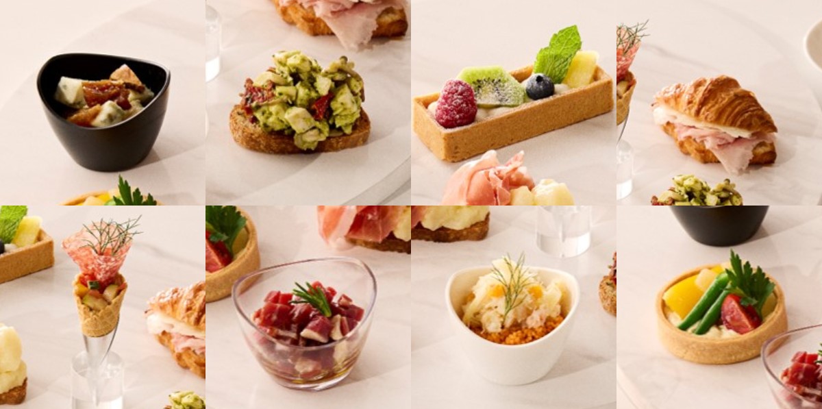 上段左から、「フィグ & ゴルゴンゾーラ」、「鶏肉とジェノベーゼのクロスティーニ」、「リコッタ フルッタ」、「ミニ コルネッティ サンドイッチ プロシュート コット & ペコリーノ」。下段左から、「サラミ ミラノ カポナータ」、「プロシュート クルード（スペイン産）のオイル漬け」、「カニとフェンネルのクスクス」、「フムス ベルドゥーレ」