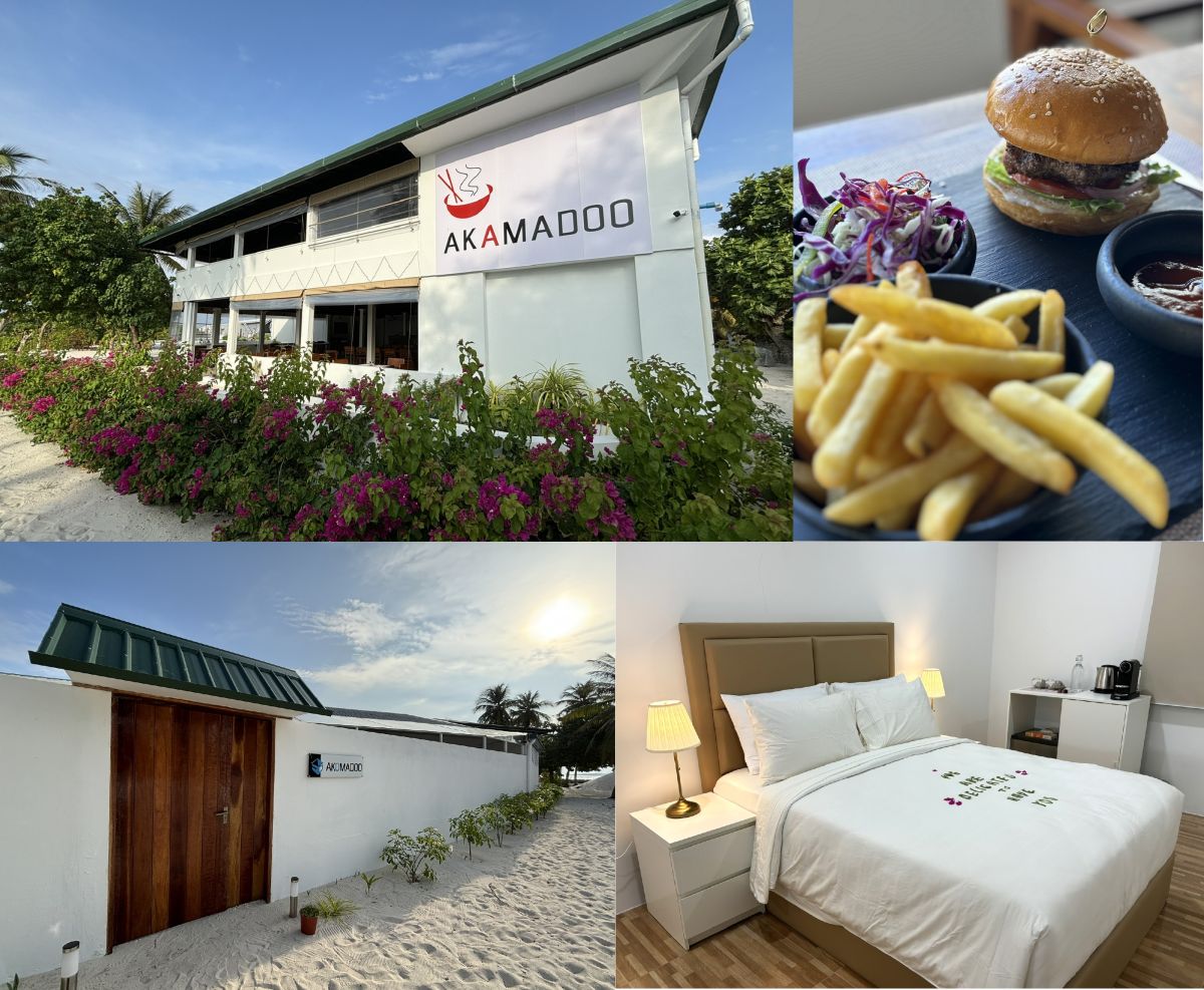 上）レストランの外観とインターナショナルな料理　下）清潔で快適なゲストハウス。もちろん無料Wi-Fi完備