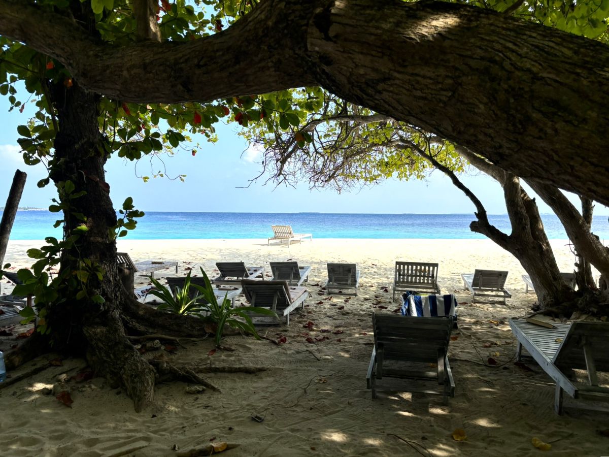 島の南西部に広いビーチがあり、ホテルのビーチチェアが用意されている