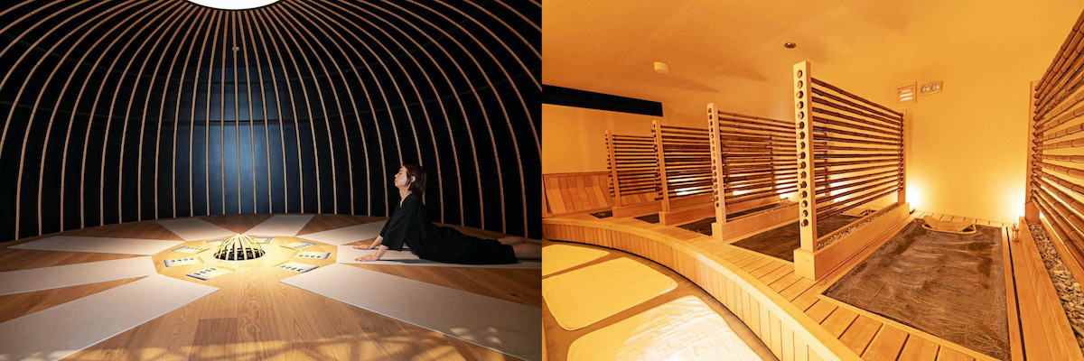 左/蒸し湯に入る前にストレッチで体をほぐす「呼吸ルーム」、右/石菖(せきしょう)の蒸気に包まれる蒸し湯「すちこ」