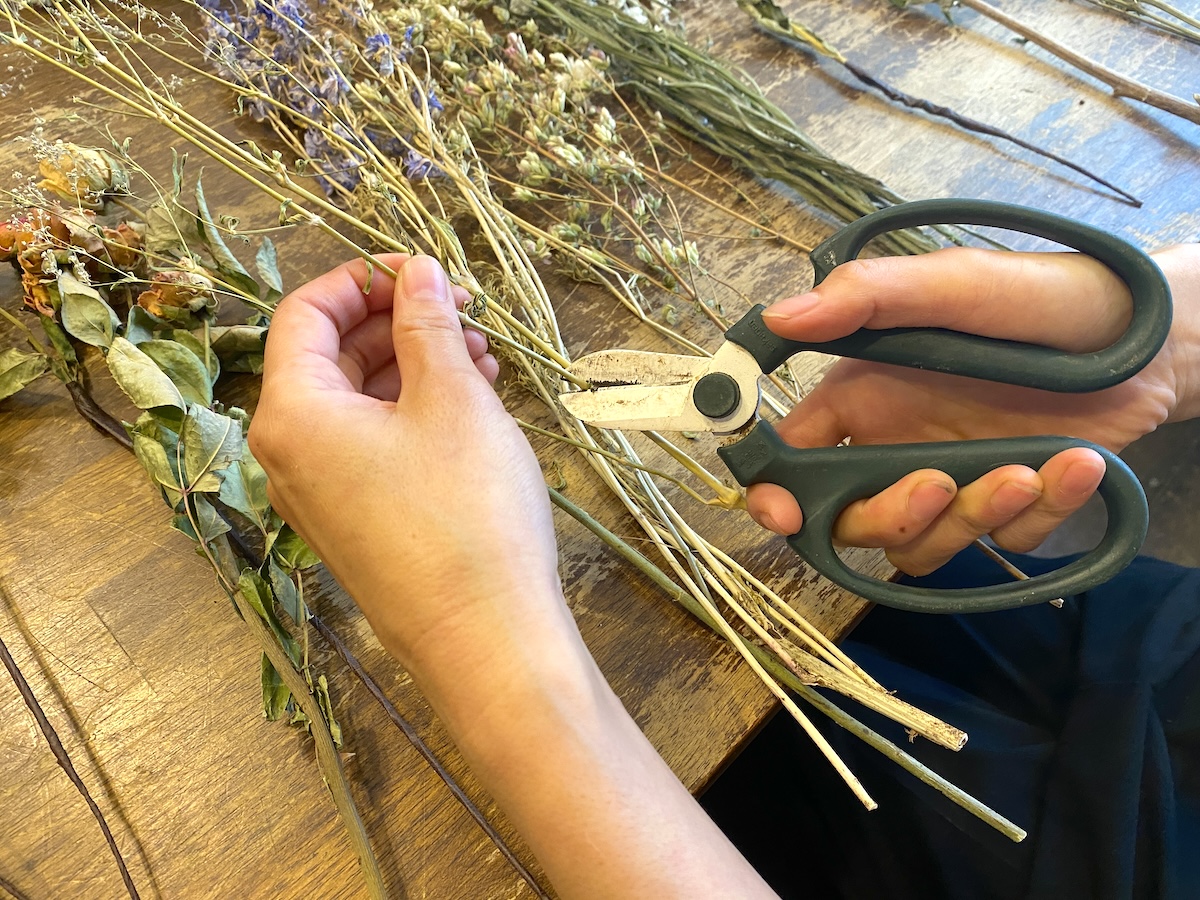 飛び出ている葉や茎をハサミでカット