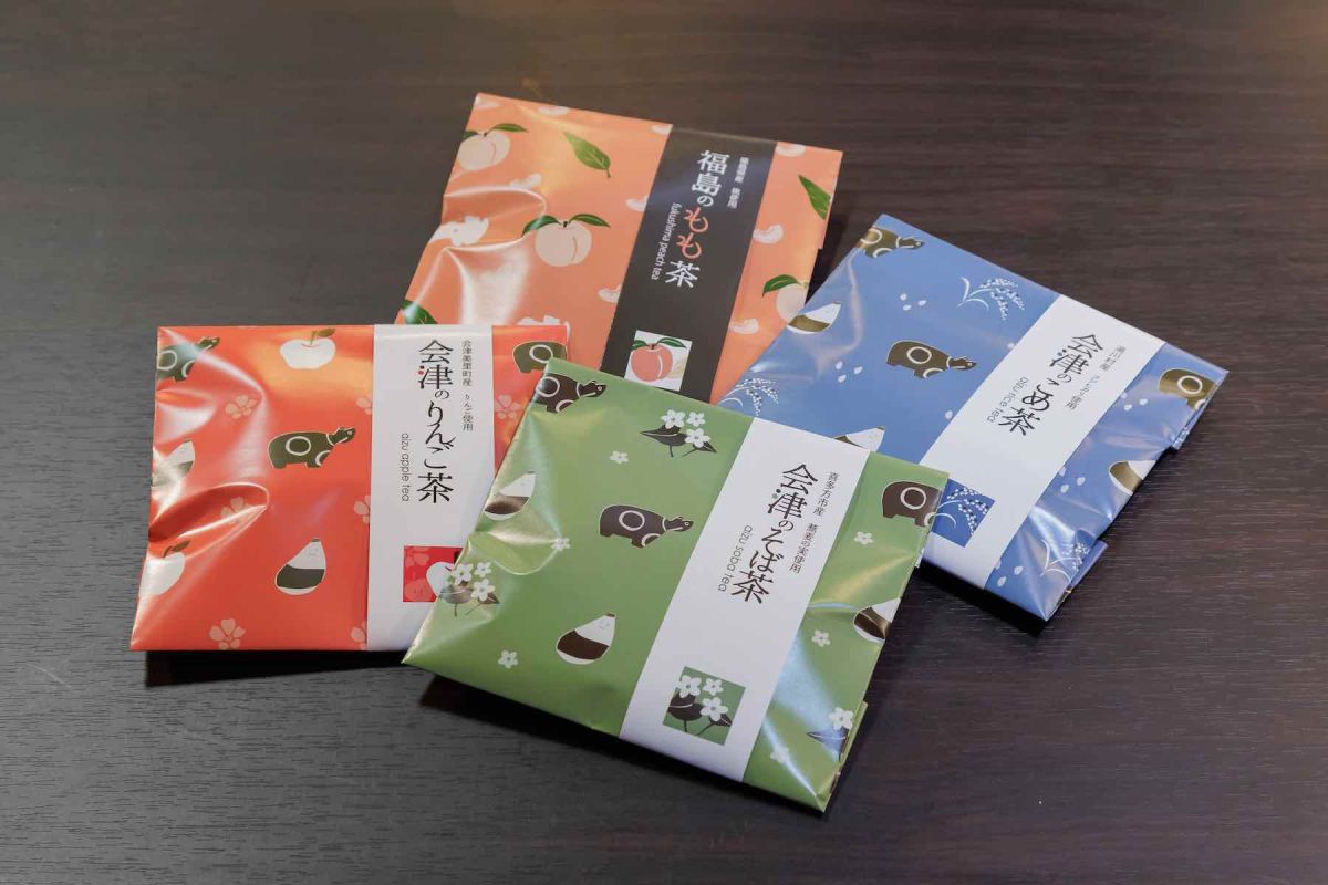 「会津のそば茶」「会津のりんご茶」「会津のこめ茶」「福島のもも茶」各410円