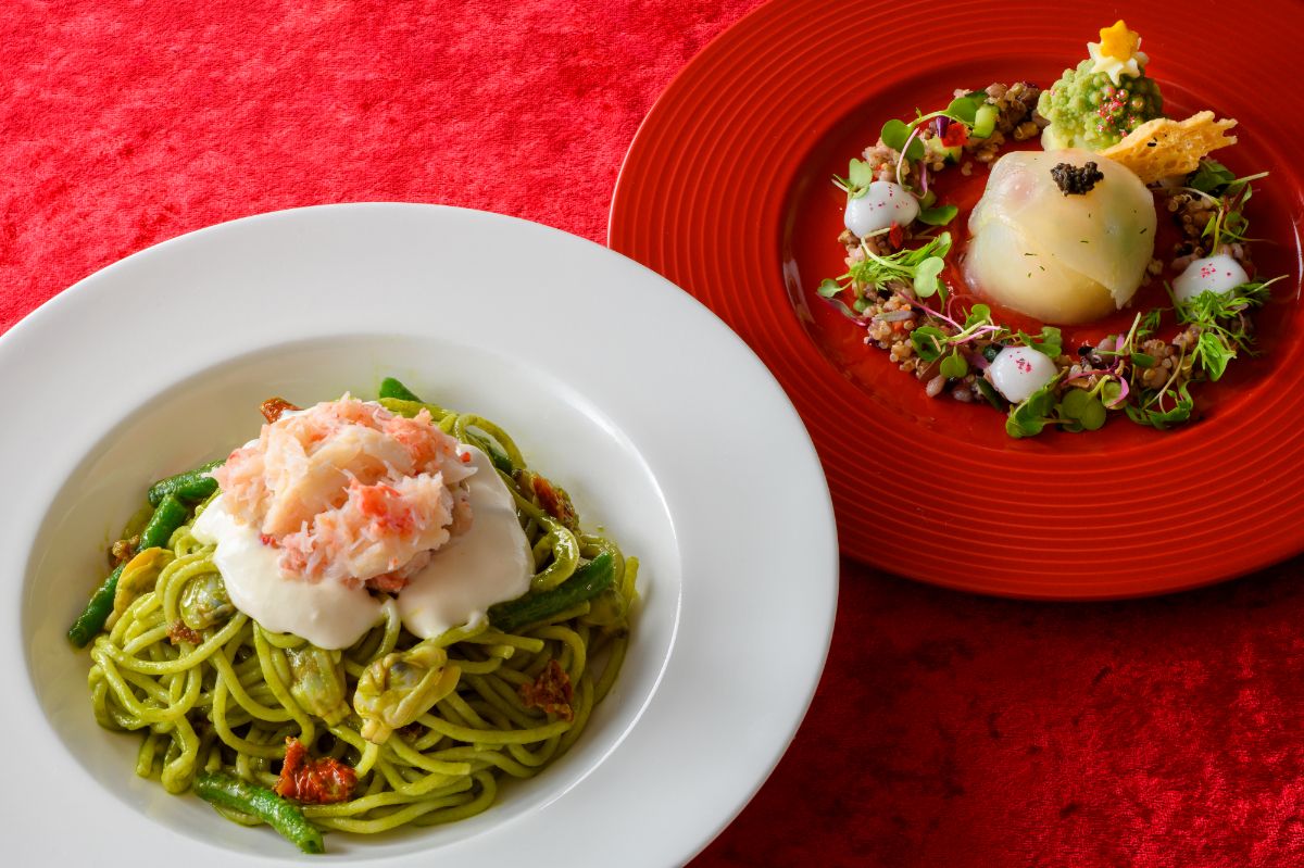 海老とカリフラワーのタルタルと真鯛 蟹とアサリのジェノヴェーゼ、マスカルポーネ添え