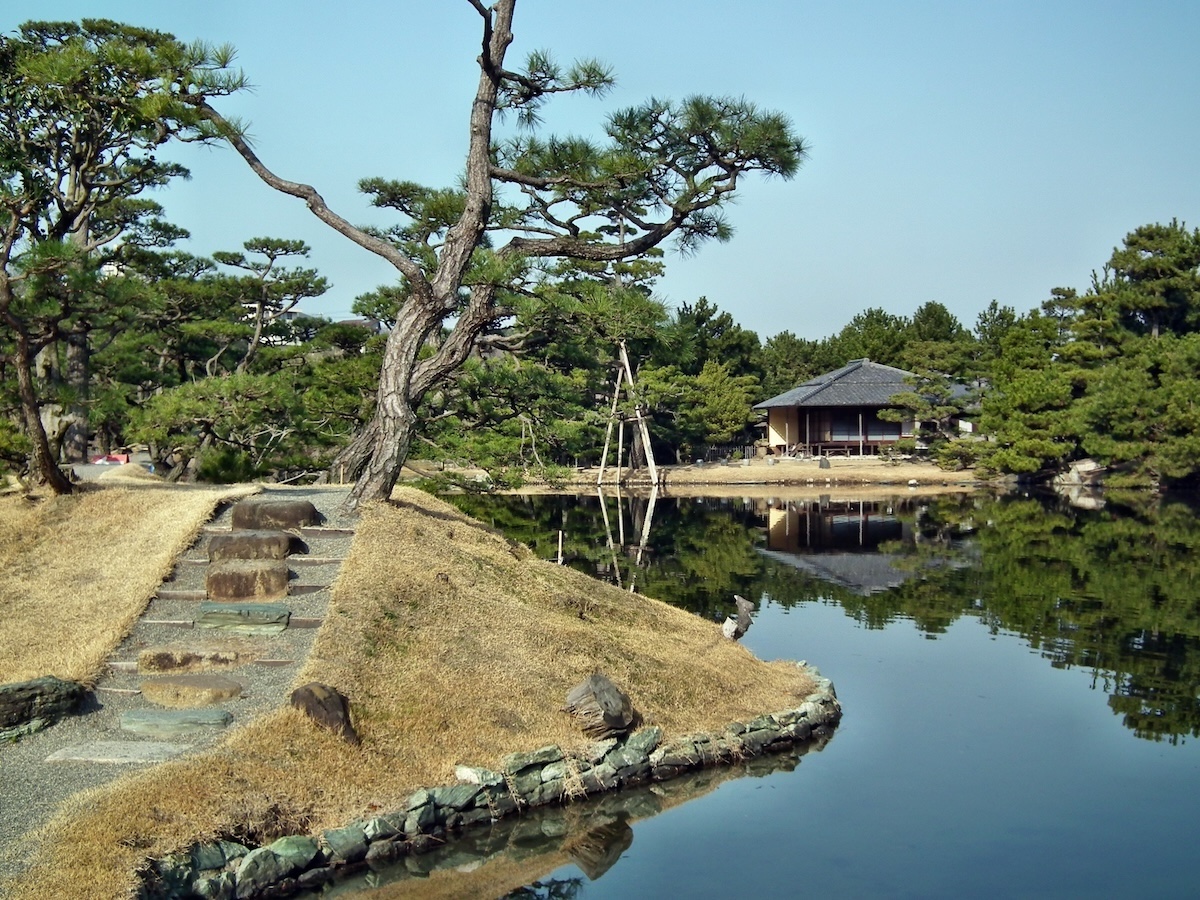 松を主に、カキツバタやアジサイなど季節の花木も楽しめる庭園