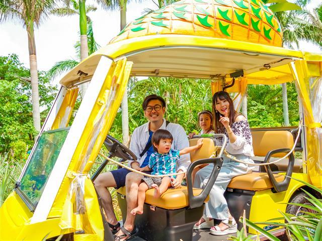 自動運転のカート「パイナップル号」に乗って園内を周遊／Nago Pineapple Park
