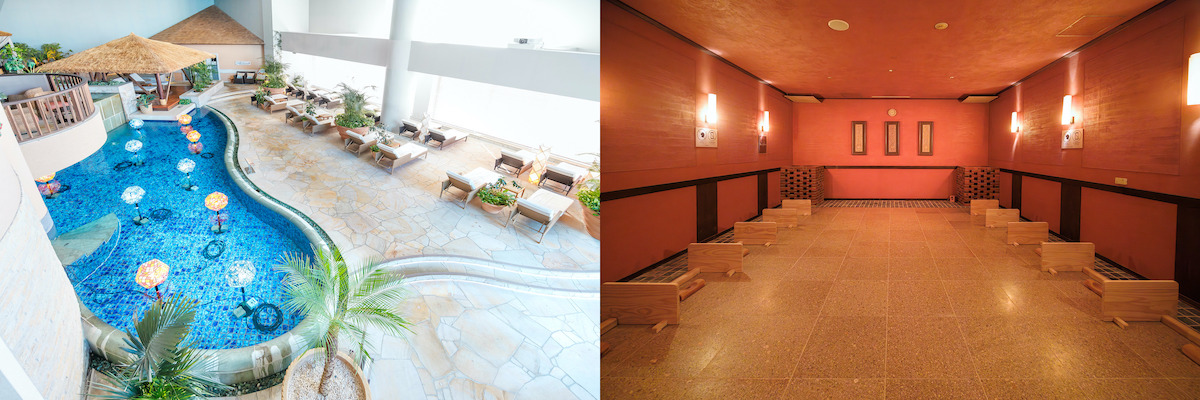 左／リゾート気分満点の8階のデッキチェア＆水盤　右／室温約50℃の9階 茜音洞（あかねどう）