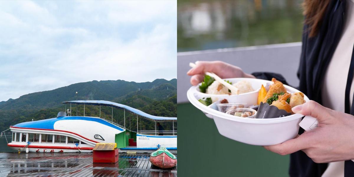 左から昭和レトロな遊覧船・くじら丸、かどや食堂のお弁当は温かいスープ付き