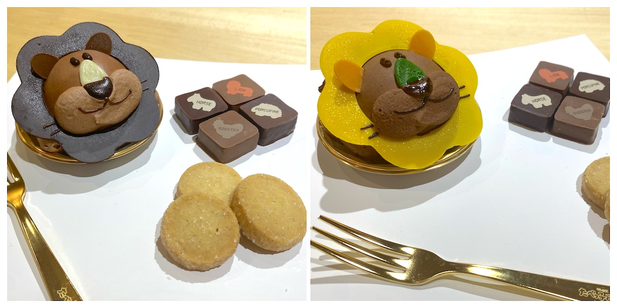 写真左から「らいおんくんケーキセット（コーヒー）」、「らいおんくんケーキセット（プラリネ）」