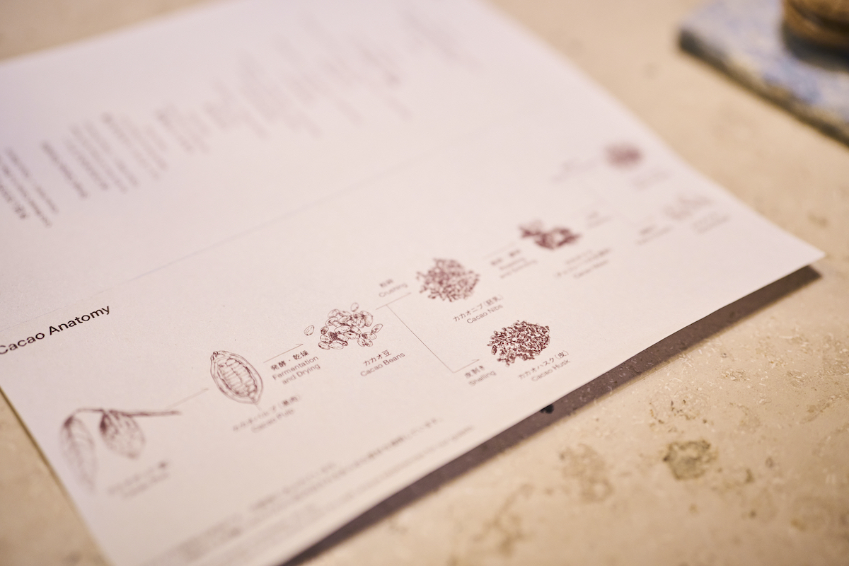 メニュー表には、カカオという植物が食材となるまでの道のりを表したおしゃれな図解の説明が