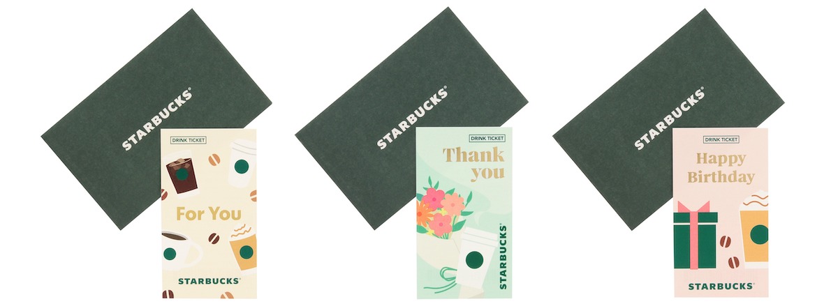 （左から）「ビバレッジギフトミニカードFor You」、「ビバレッジギフトミニカードThank You」、「ビバレッジギフトミニカードHappy Birthday」各550円 【ドリンク引き換え有効期間】2025年1月15日（水）〜2025年7月13日（日） 【ドリンク交換チケット】 500円（店内利用）、491円（持ち帰り）までのドリンクと交換可能
