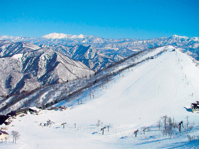 雄大な山並みに囲まれた広いゲレンデ