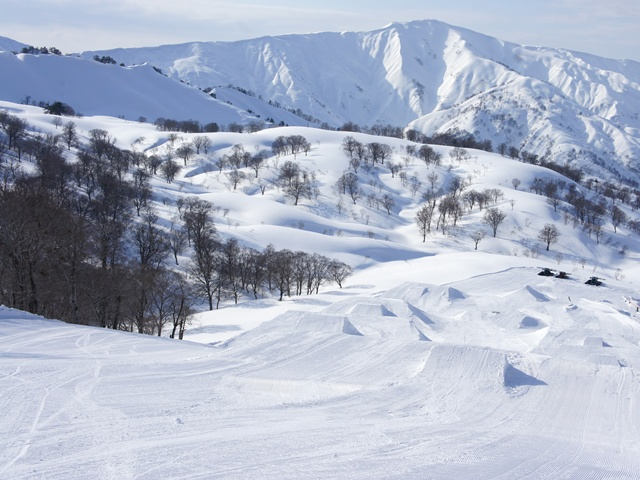 中級者向けのコースが多いゲレンデ。山頂付近にはパークもあり（積雪状況によりアイテムが変更する場合あり）