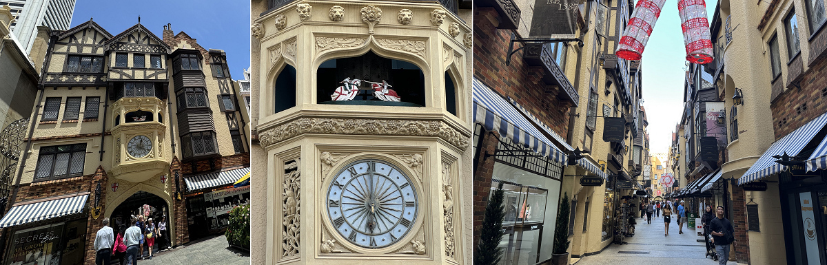 左：ロンドン・コート入り口　中：仕掛け時計アップ　右：ロンドン・コート内