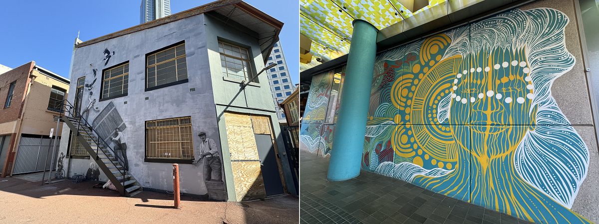 左：ウルフ・レーンの一角　右：地下鉄パース駅近くのアボリジニアート