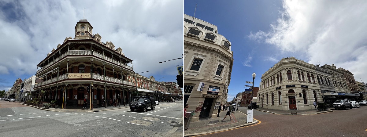 左：美しく修復されたナショナル・ホテル　右：映画のセットのような街並み