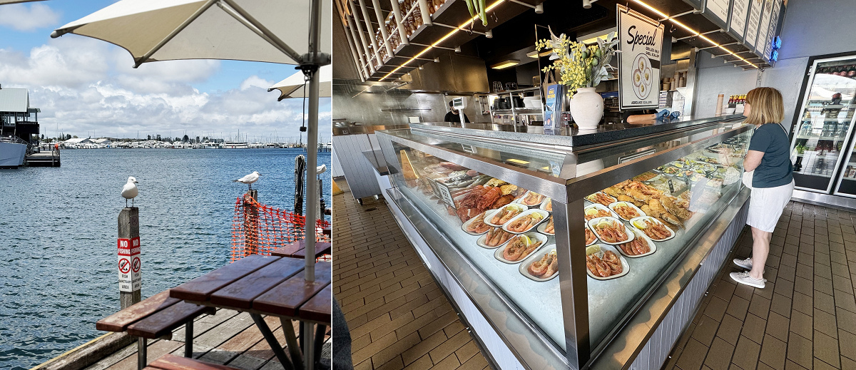 左：気持ちのいいテラス席　右：獲れたての魚介類が並ぶ鮮魚売り場