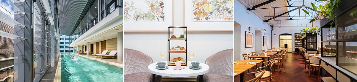 左から、屋内プール、「ケープ アリッド ルーム」のアフタヌーンティー、「ポスト」店内