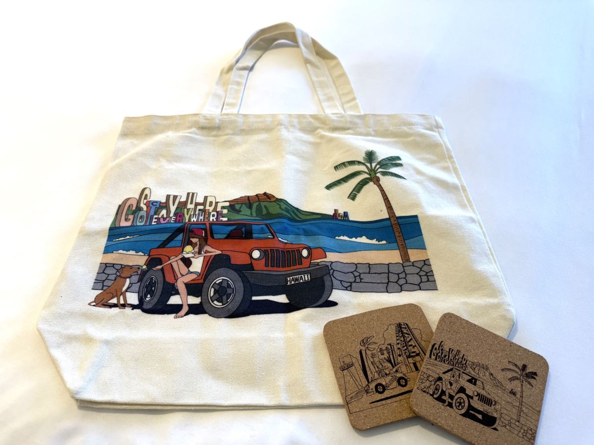 トートバッグ＄25、コースター1枚＄5、2枚で＄8、4枚で＄15