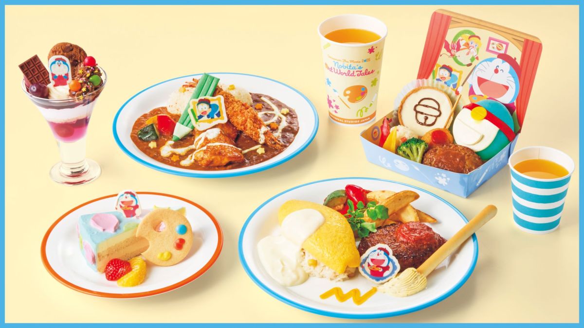 左上：ドラえもんのわくわく！ チョコ＆ぶどうパフェ 上真ん中：のび太のらくがき？！ ダブルカレープレート 右上：ドラえもんたちといっしょにお絵かき！キッズプレート 左下：ドラえもんのカラフルペイント・レアチーズケーキ 右下：絵かきドラえもんのふわとろオムレツ＆ハンバーグプレート