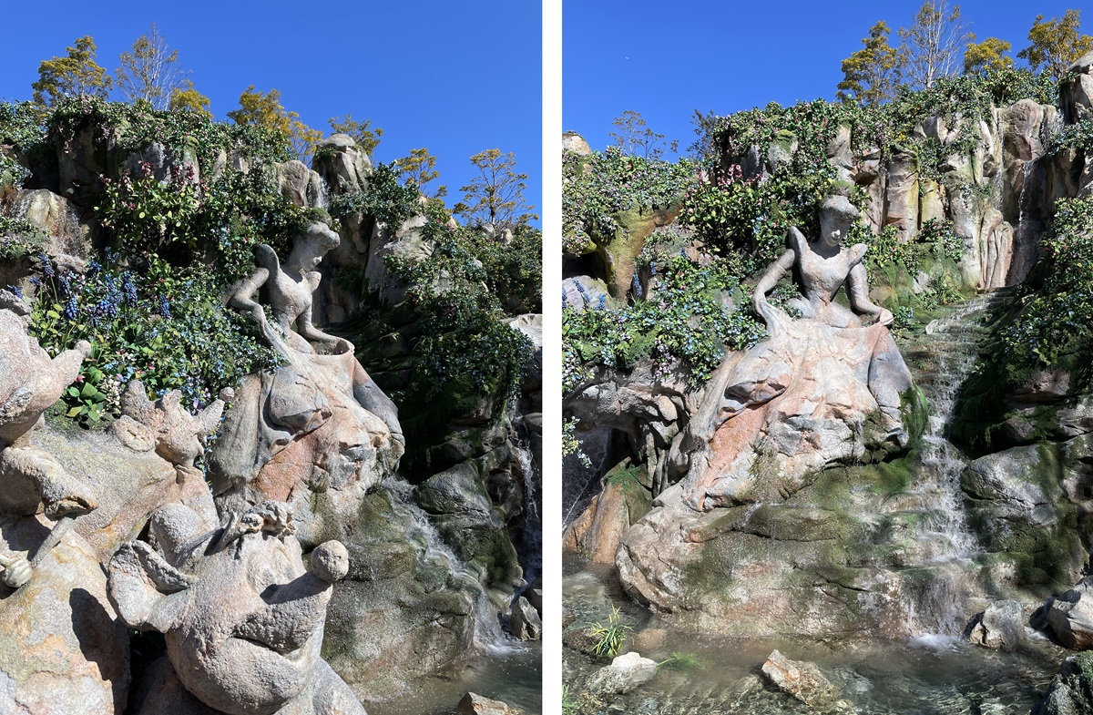 (左)ドレス姿に変わったところをネズミのガスたちが眺めている(右)シンデレラの左手横にガラスの靴が。お城の階段を駆け下りているシーンに見える