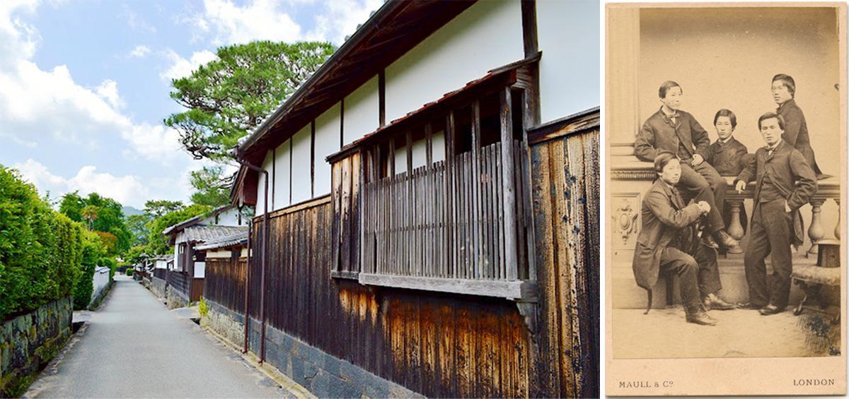 左より「江戸屋横町」、「長州ファイブ」左上から時計回りに、遠藤 謹助、井上 勝、伊藤 博文、山尾 庸三、井上 馨／萩博物館蔵