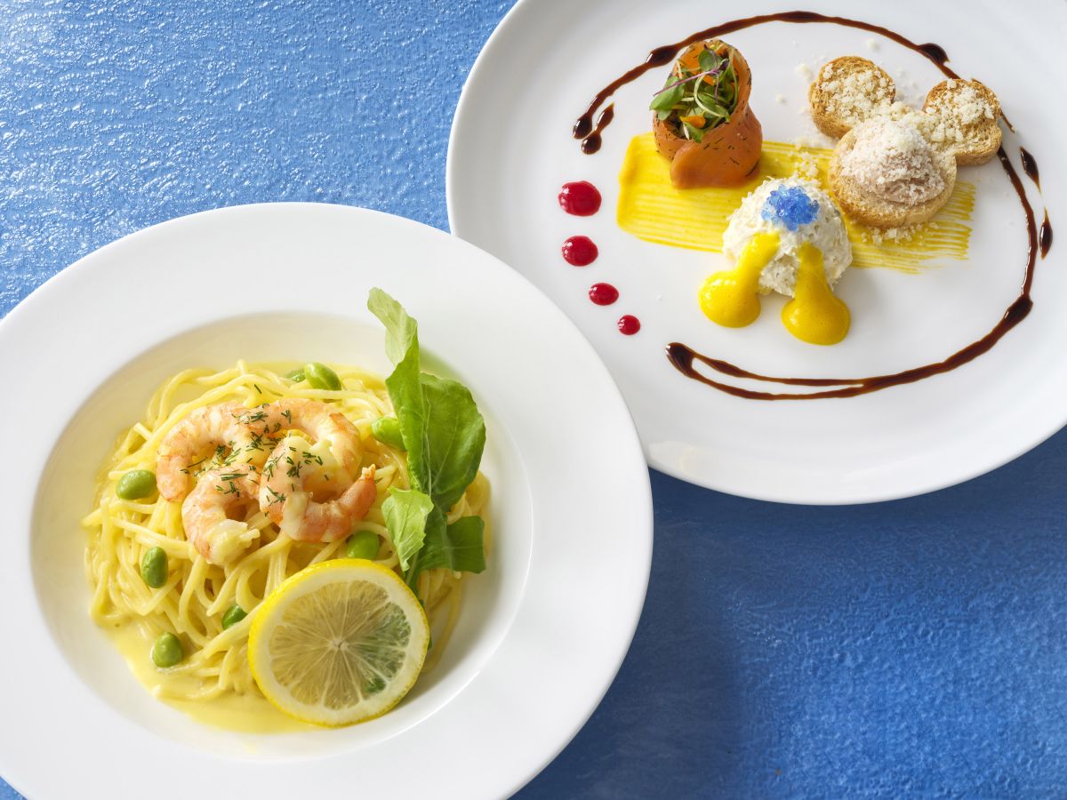 アペタイザープレート サーモントラウトで巻いたそら豆と雑穀サラダのジェノヴェーゼ、生ハム のムース、スモークした帆立貝とカリフラワーのタルタル スパゲッティ、海老と枝豆のレモンクリームソース