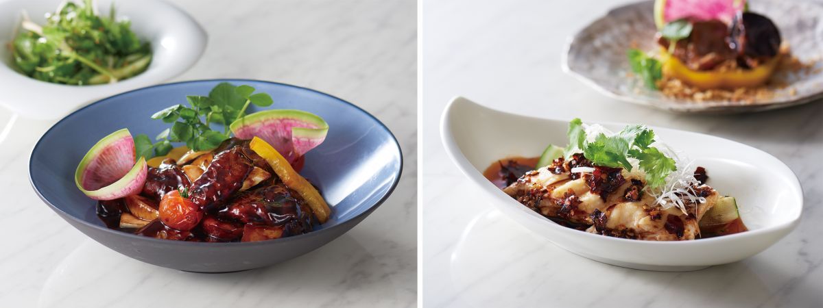 「LUCIS GARDEN LUNCH」2750円　※写真は左が「三元豚の彩菜黒酢豚」、右が「よだれ鶏～熟成黒酢風味～」