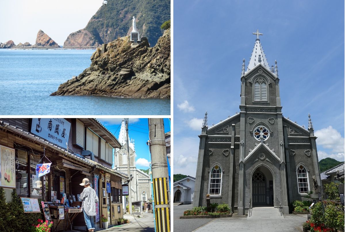 海に向かってたたずむ「海上のマリア像」／漁村に立つ﨑津教会はゴシック様式で、内部は全国でも珍しい畳敷き