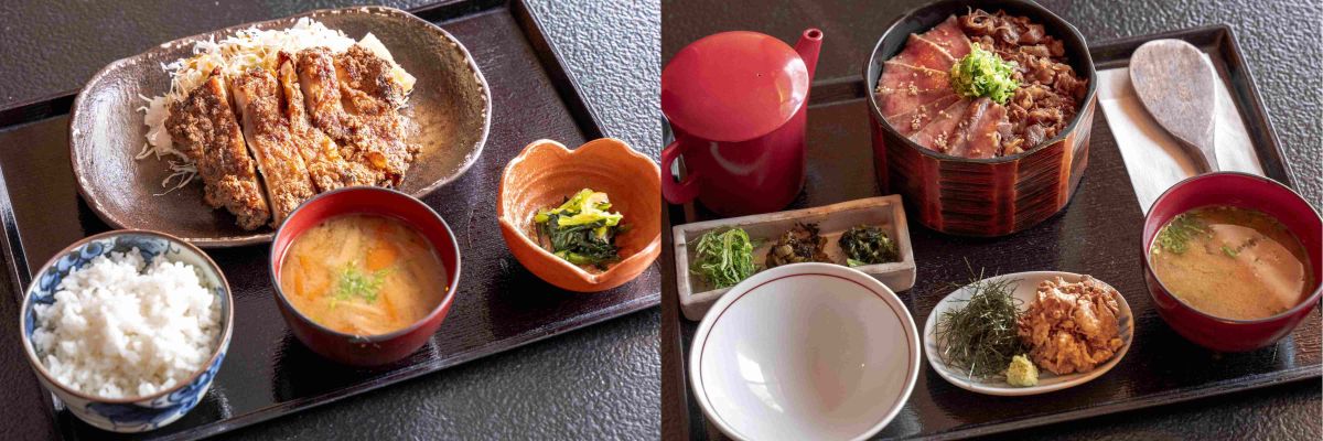 （写真左から）「味噌山賊焼き定食」、「和牛のよくばりひつまぶし」