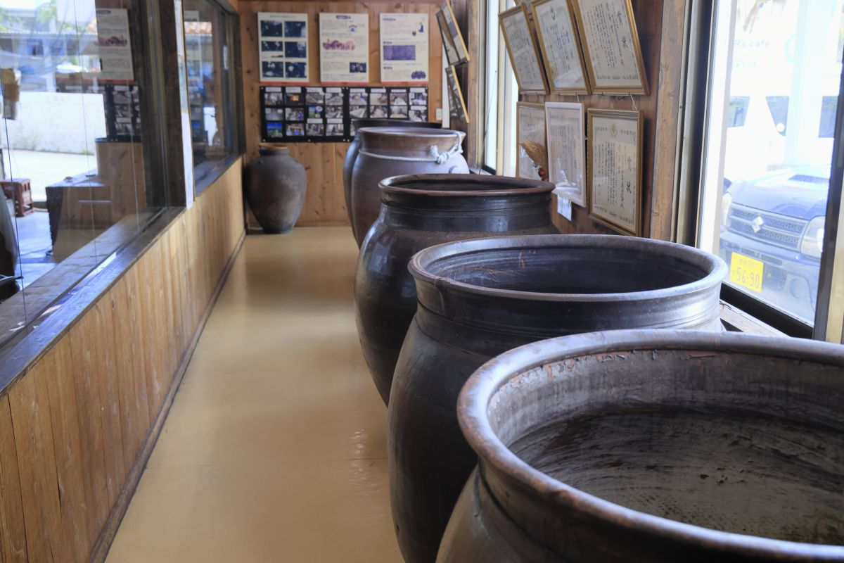 泡盛保存用の甕が並んでいる様子