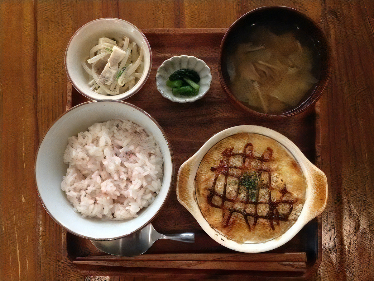 「豆腐グラタンと季節野菜のお味噌汁、直火焼き立てのゆめぴりか米含む五椀の定食」／©ひとところカフェ