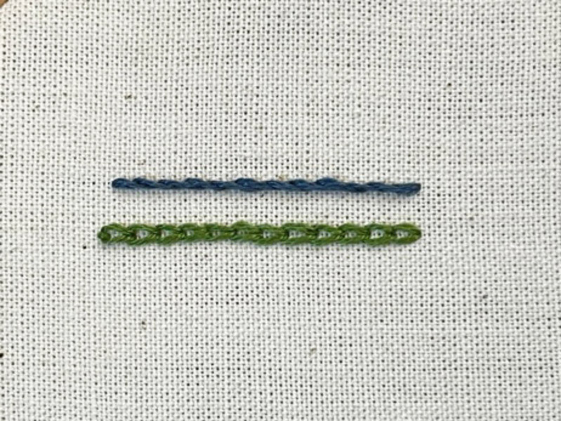 （上から）アウトライン・ステッチ、チェーン・ステッチ