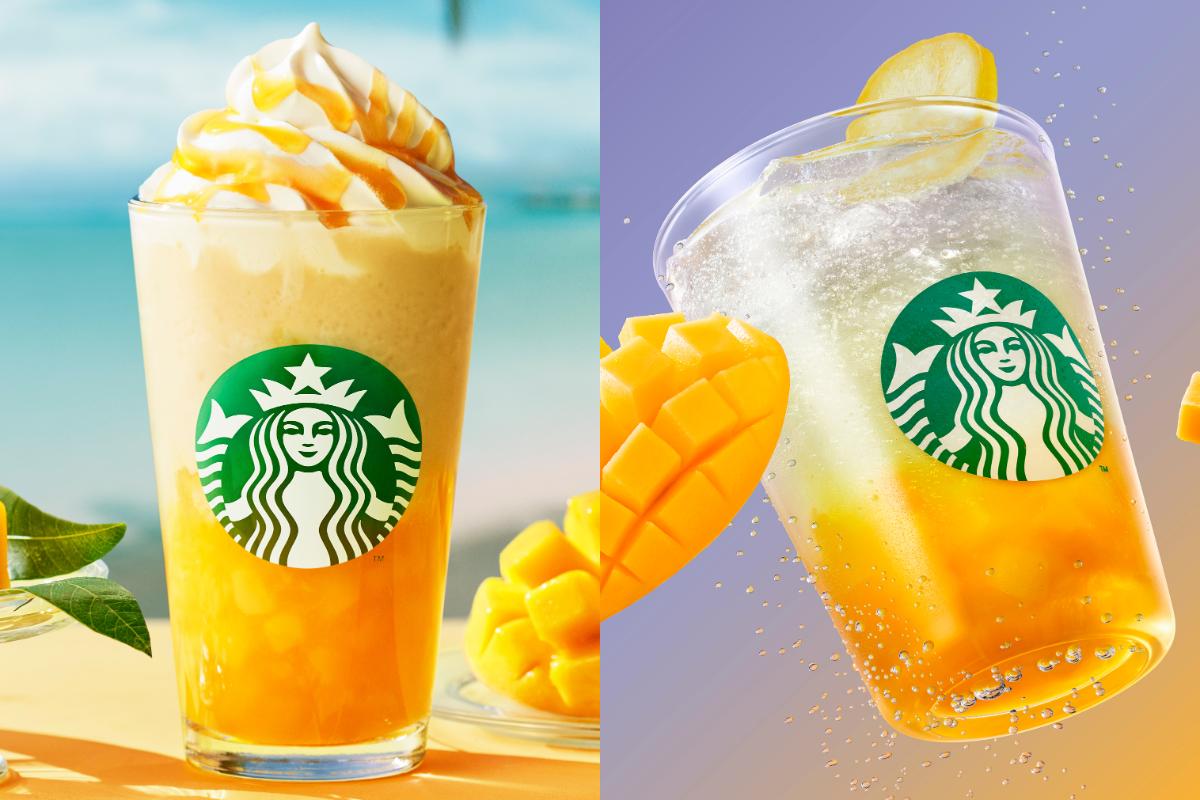 左から「オリエンタル マンゴー & ティー フラペチーノ®」「チラックス ソーダ マンゴー」※画像はイメージです。