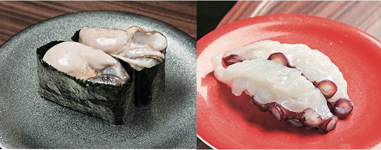 回転寿司 ぱさーるの「生カキ」360円、「活ダコ」360円
