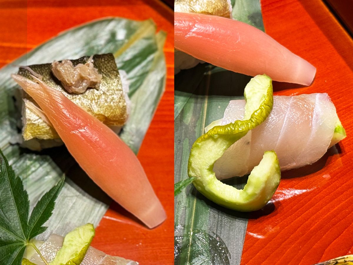 「焼き鮎棒寿司 鮎わたソース」、「茗荷ワイン酢漬け」、「白瓜雷干し」、「天然白身魚昆布〆 加賀太きゅうり巻き酒盗」