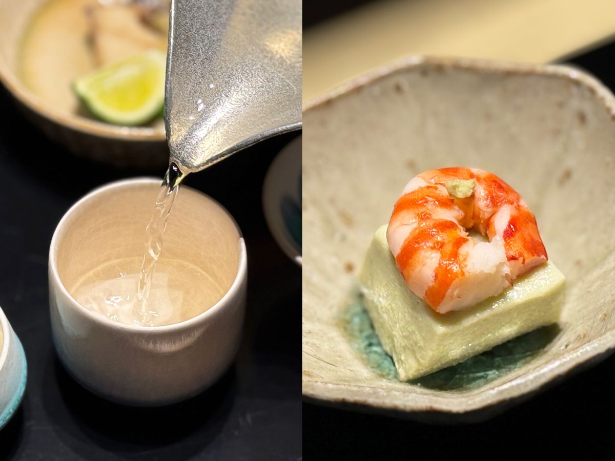 「長谷川 純米大吟醸 五割」、「枝豆胡麻豆腐 車海老 山葵」