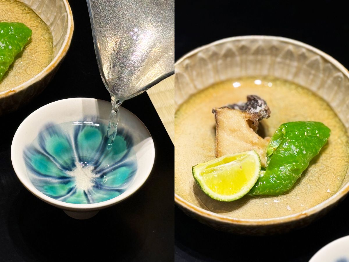 「長谷川 特別純米」、「黒鮑唐揚げ 万願寺唐辛子 酢橘」