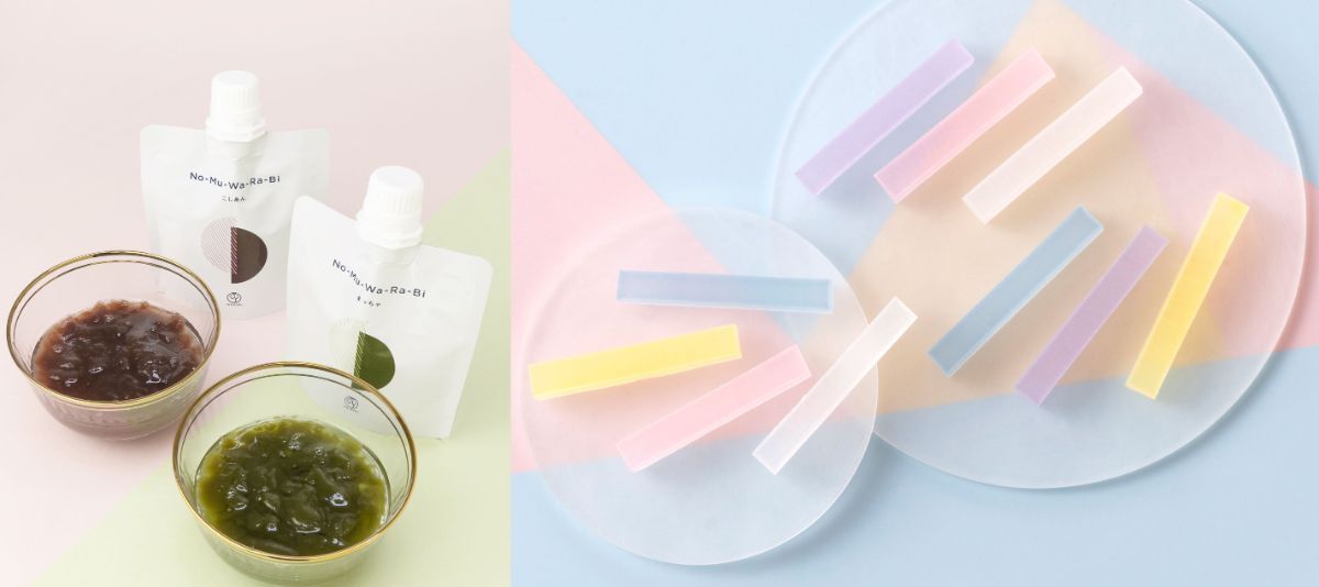 左より期間限定「のむわらび」（こしあん、まっちゃ）各個540円（2025年8月下旬まで）、「琥珀糖（こはくとう）」1620円