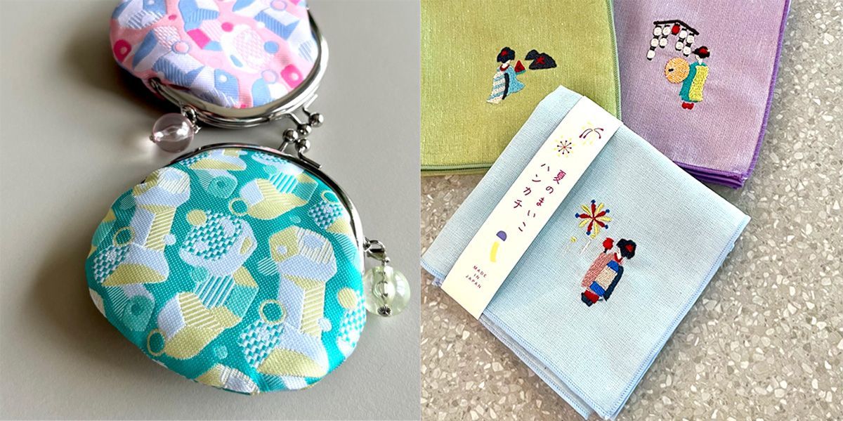 左より「ソーダジャガード2.6がま口」1650円、夏季限定「夏の舞妓ハンカチ」880円