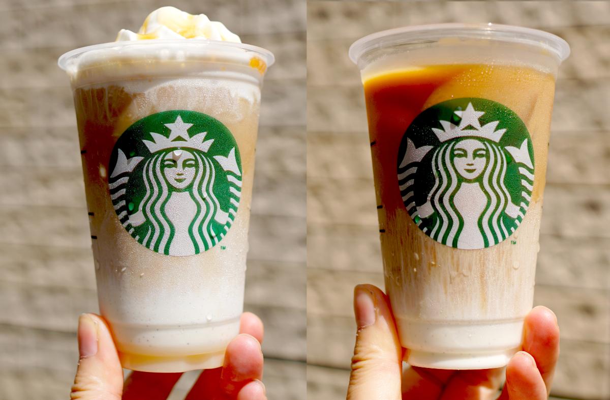 左から、「ビター クリーム コーヒー」カスタマイズ①ホイップクリーム追加（＋55円）、元々のシロップ変更（ホワイトモカ→キャラメル）（無料）、キャラメルソース追加（無料） 「ビター クリーム コーヒー」カスタマイズ②エスプレッソの種類を変更（ブロンド）（無料）、元々のシロップ無し（ホワイトモカシロップ）（無料）