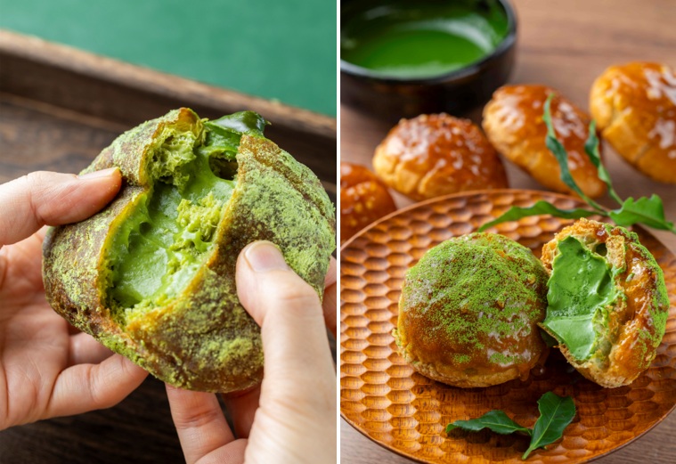 『道の駅 そらっと牧之原』お濃茶カラメルシュークリーム1個450円(左）、お濃茶クリーム生ドーナツ1個400円（右）