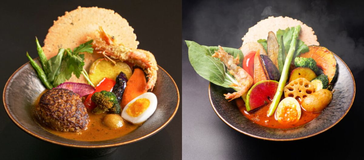 （写真左）宗谷岬牧場直送！おくしばーぐカレー 1980円（右）17編成！特急野菜カレー 1480円