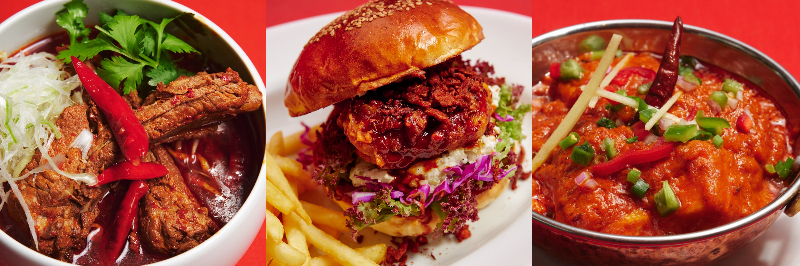 左から「蔭山樓」の「激辛麻辣排骨麺」2200円、「ゴールデンブラウン」の「キングオブスパイシーチキンバーガー」2180円、「マザーインディア」の「豆腐ヴィンダルーカレー」1300円